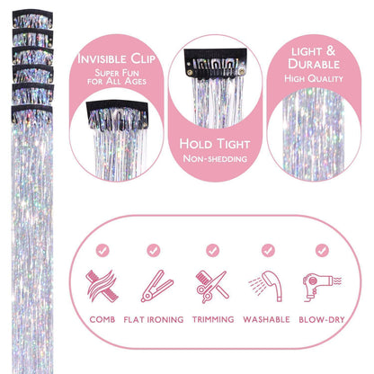 Silbernes Haar Lametta Clip-In Set – Glitzer Haarsträhnen 60cm