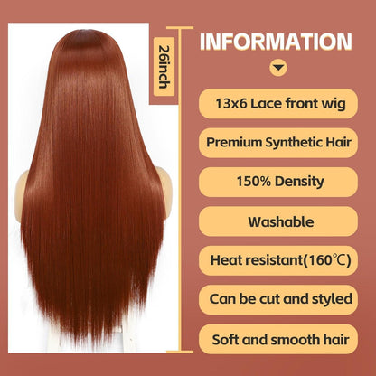 Kupferrote lange gerade Perücke mit Lace Front 13x6