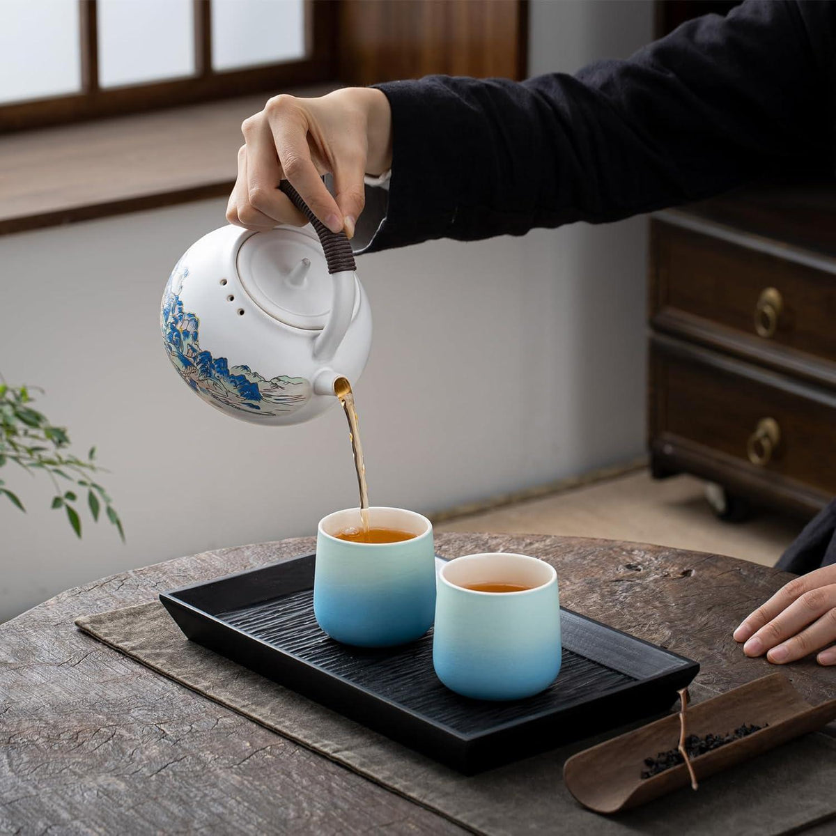 Japanische Teetassen Set in Blau, 4 Stück, 205 ml