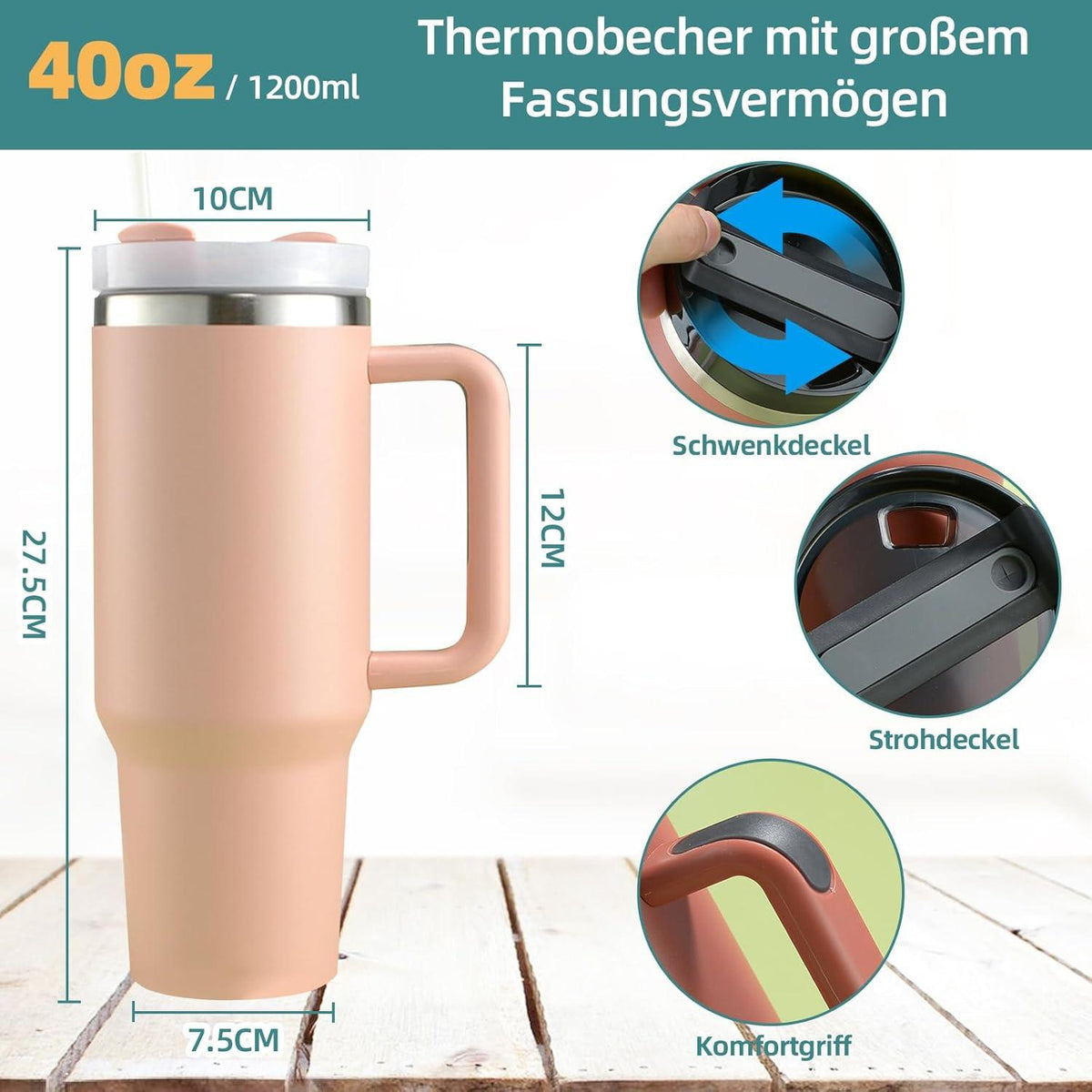 40oz Thermobecher mit Strohhalm und Henkel, 1200ml Kaffeebecher To Go - Rosa