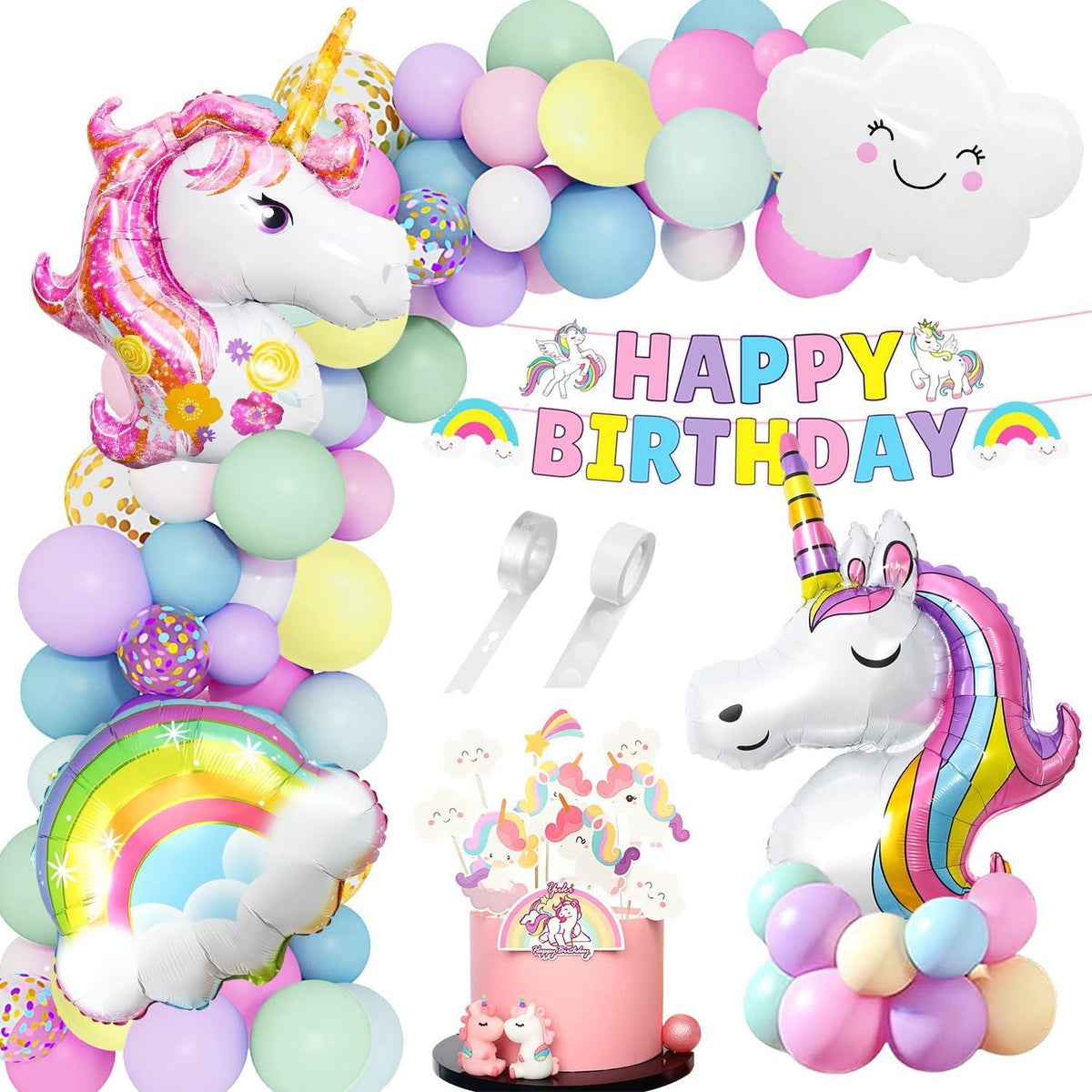 Einhorn Geburtstag Deko Set mit XXL Folienballons & Kuchen Topper