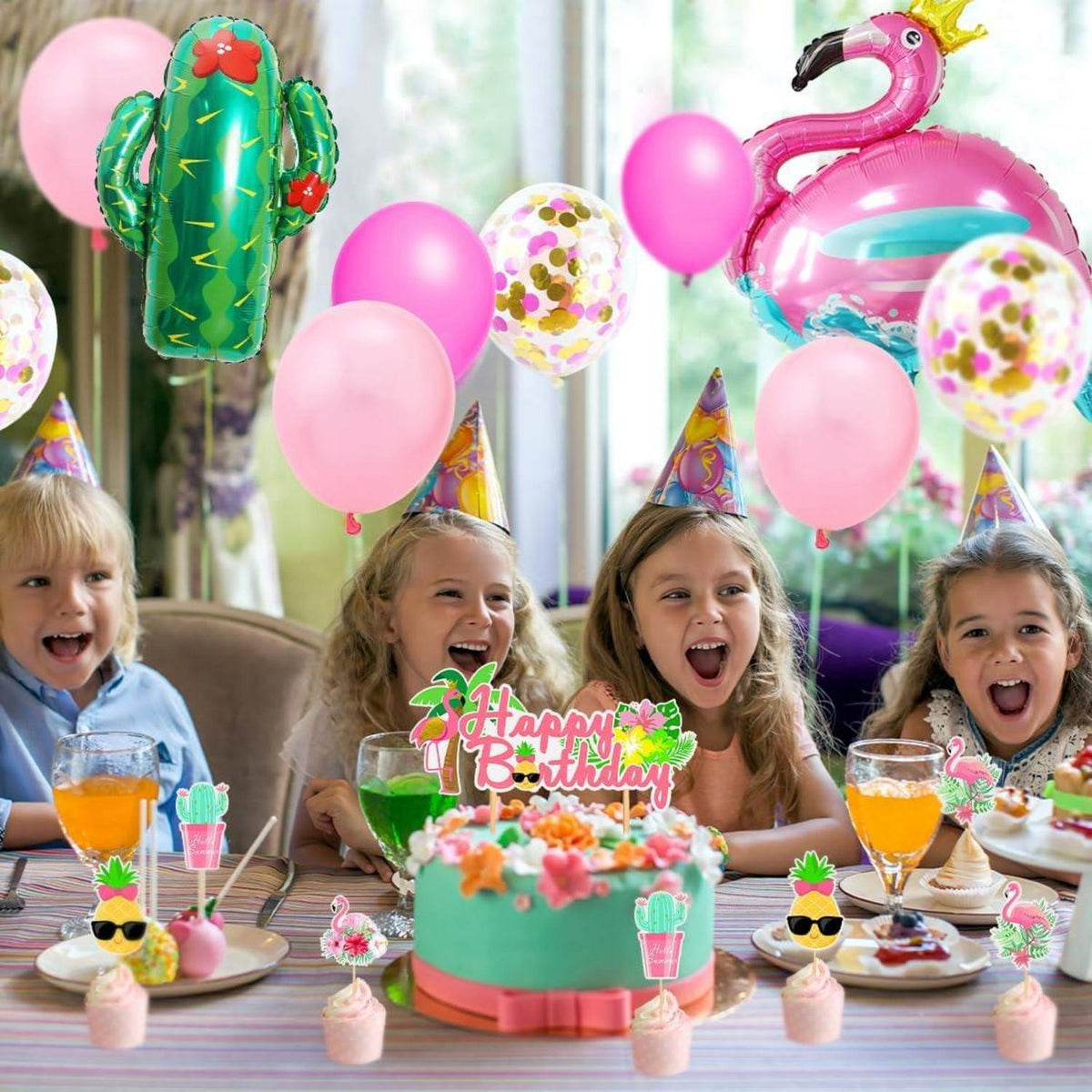 Hawaii Party Deko Set mit Flamingo Ballons und Banner