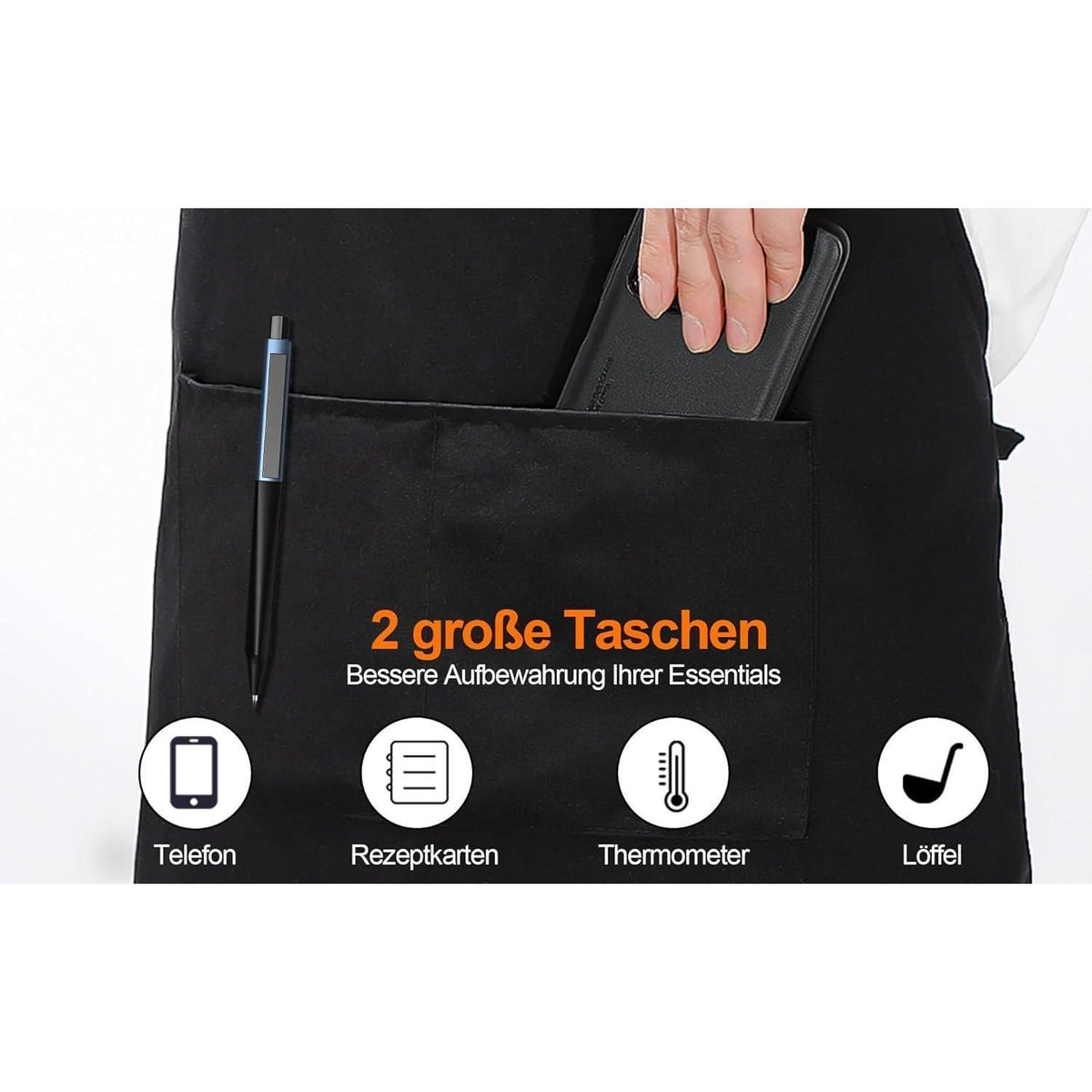 Kochschürze Baumwolle Schwarz mit zwei Taschen, verstellbar