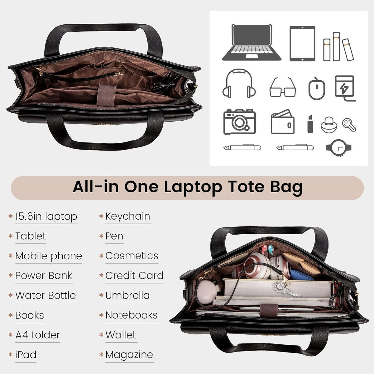 Laptoptasche Damen 15,6 Zoll Shopper Tasche Schwarz mit Clutch