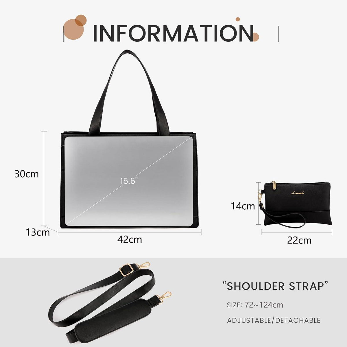 Laptoptasche Damen 15,6 Zoll Shopper Tasche Schwarz mit Clutch