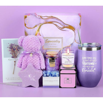 Geschenkbox für Frauen, Lavendel Entspannung Set, Duftkerze & Weinglas