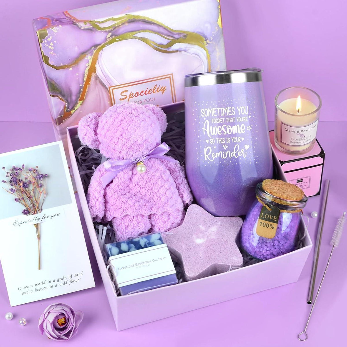 Geschenkbox für Frauen, Lavendel Entspannung Set, Duftkerze & Weinglas