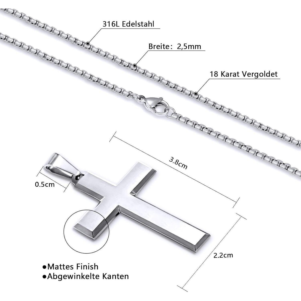 Kreuz Kette Herren 18 Karat Vergoldet Edelstahl Mattes Finish 61cm