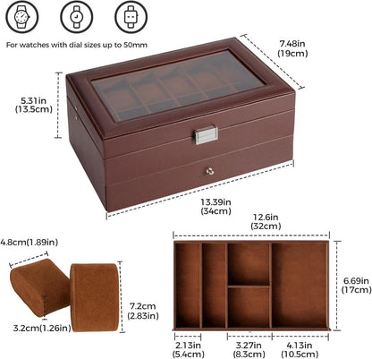 Uhrenbox mit 12 Fächern Glasdeckel 2 Ebenen Espresso