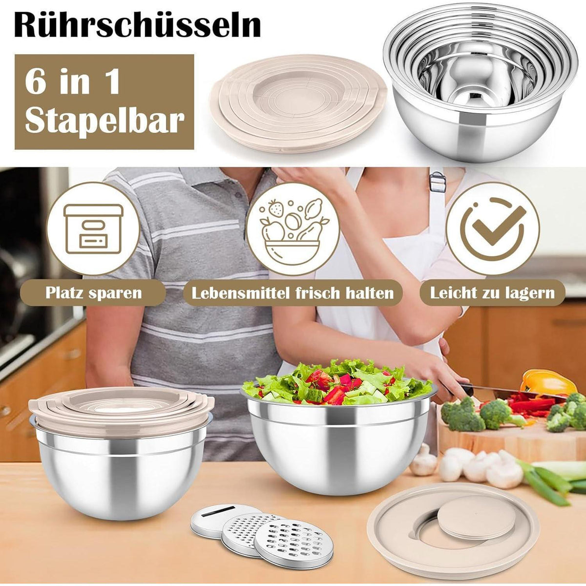 Edelstahl Rührschüssel Set mit Deckel & Reibeaufsätzen