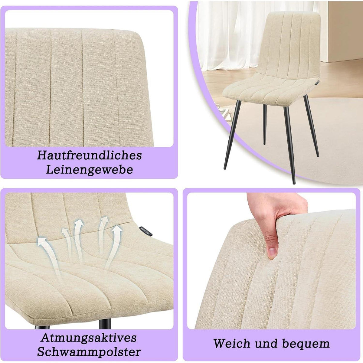 Gepolsterte Esszimmerstühle 4er Set, Beige & Modern