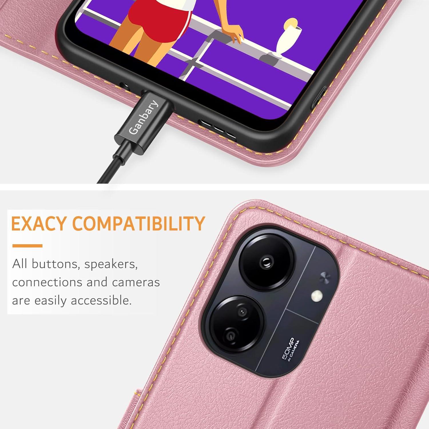 Handyhülle für Xiaomi Redmi 13C Poco C65 Leder Klapphülle Rosa Standfunktion