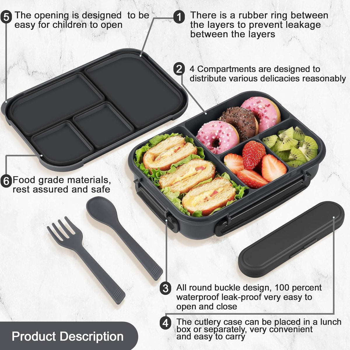 Bento Box Kinder mit Fächern & Besteck – 1200ml Lunchbox
