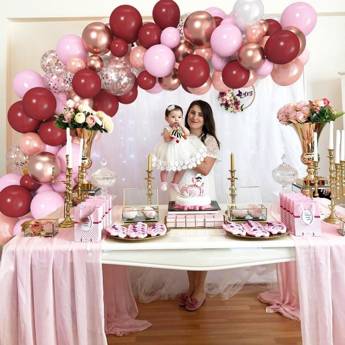 60 Stück Weinrot Rosegold Burgund Latex Luftballons Set