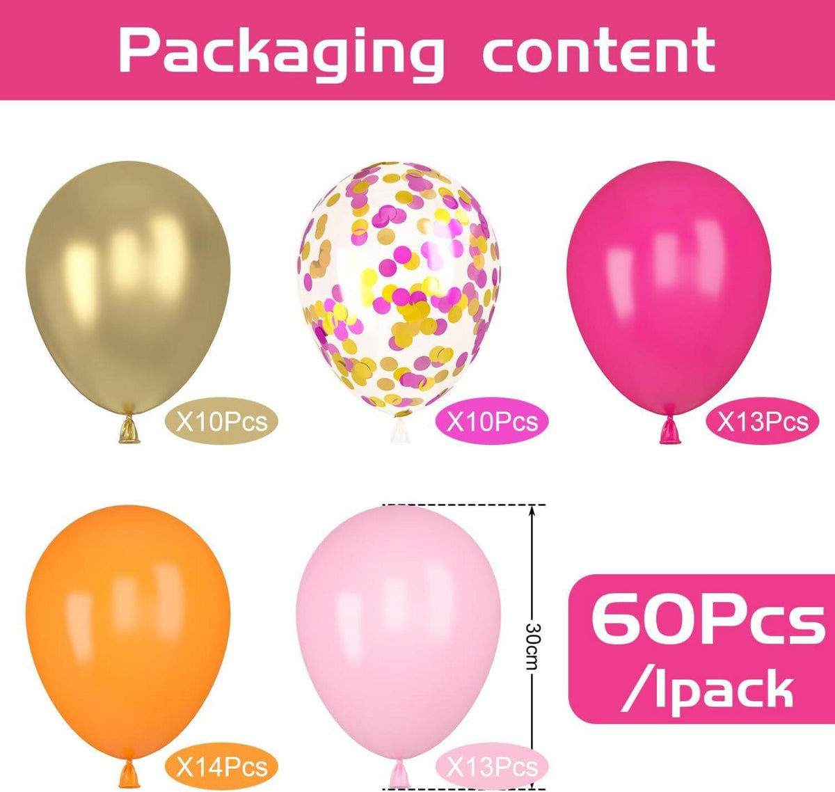 60 Stück Luftballons Rosa Orange Pink Gold Konfetti Helium