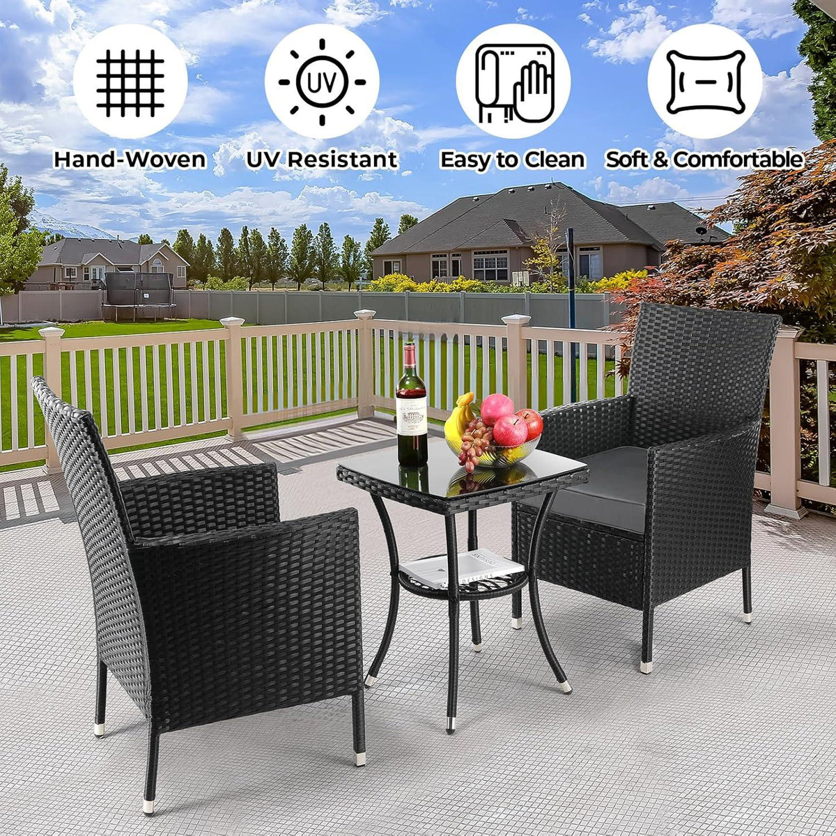 3tlg Rattan Gartenmöbel Set mit Kissen und Glastisch
