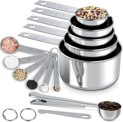 Edelstahl Messbecher und Löffel Set 13-teilig - Küchengeräte aus hochwertigem Edelstahl, für genaue Messungen beim Kochen und Backen