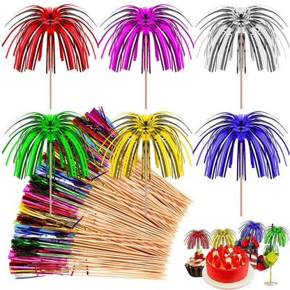 100 Cocktailspieße mit bunten Feuerwerk-Schirmen 15cm