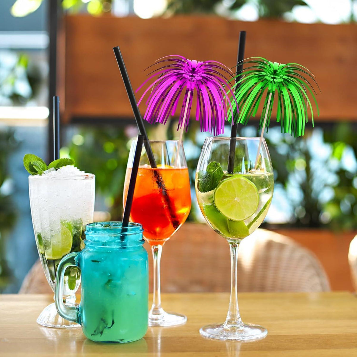 100 Cocktailspieße mit bunten Feuerwerk-Schirmen 15cm