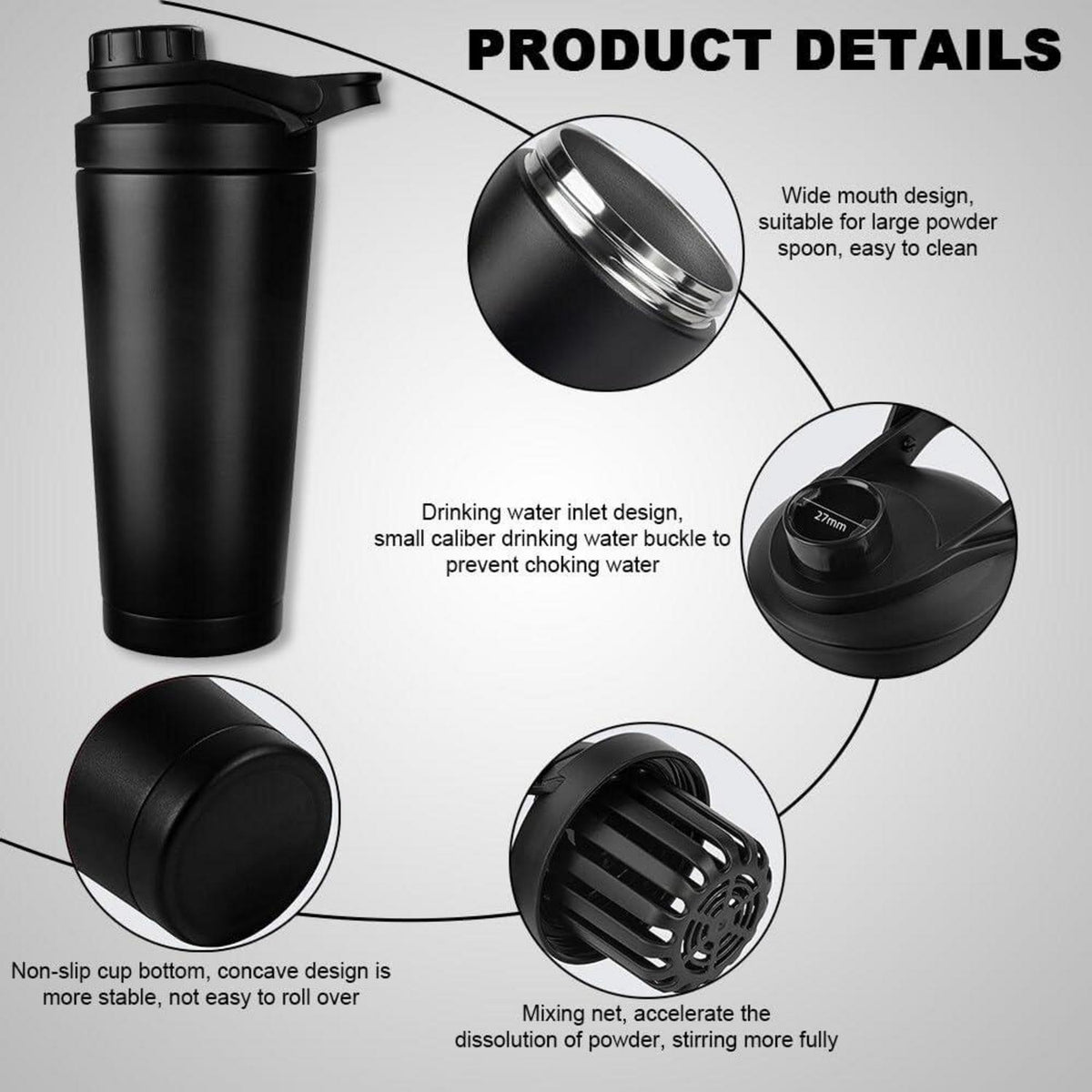 Protein Shaker 750ML Schwarz Edelstahl Vakuum Isoliert BPA frei