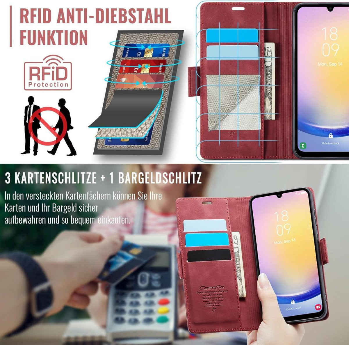 Samsung Galaxy A25 5G Handyhülle Klappbar PU Leder RFID Rot
