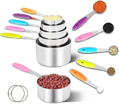 Edelstahl Messbecher und Löffel Set 12-teilig, Messlineal, für Trockene und Flüssige Zutaten