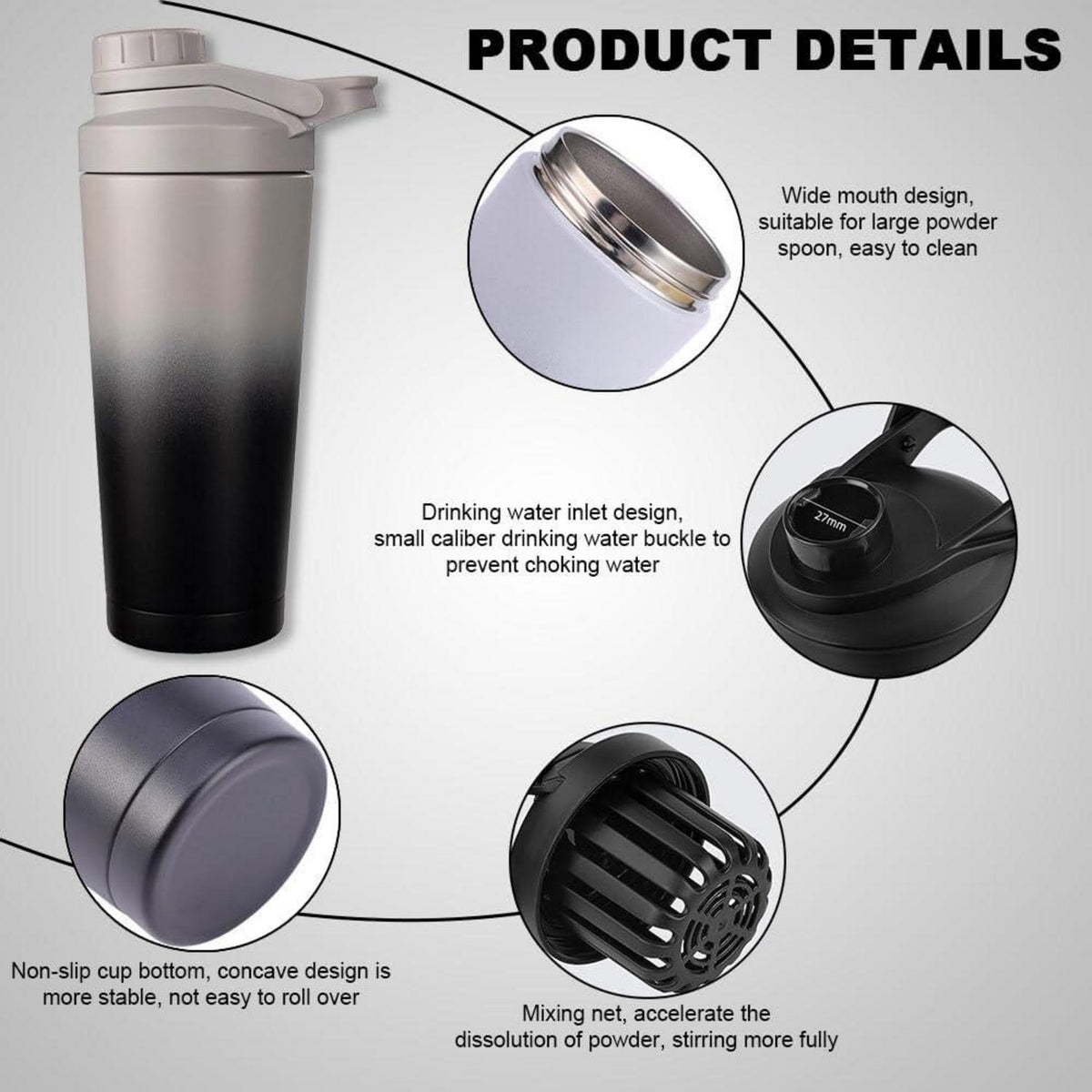 Protein Shaker 750ML Schwarz Grau Isoliert Auslaufsicher