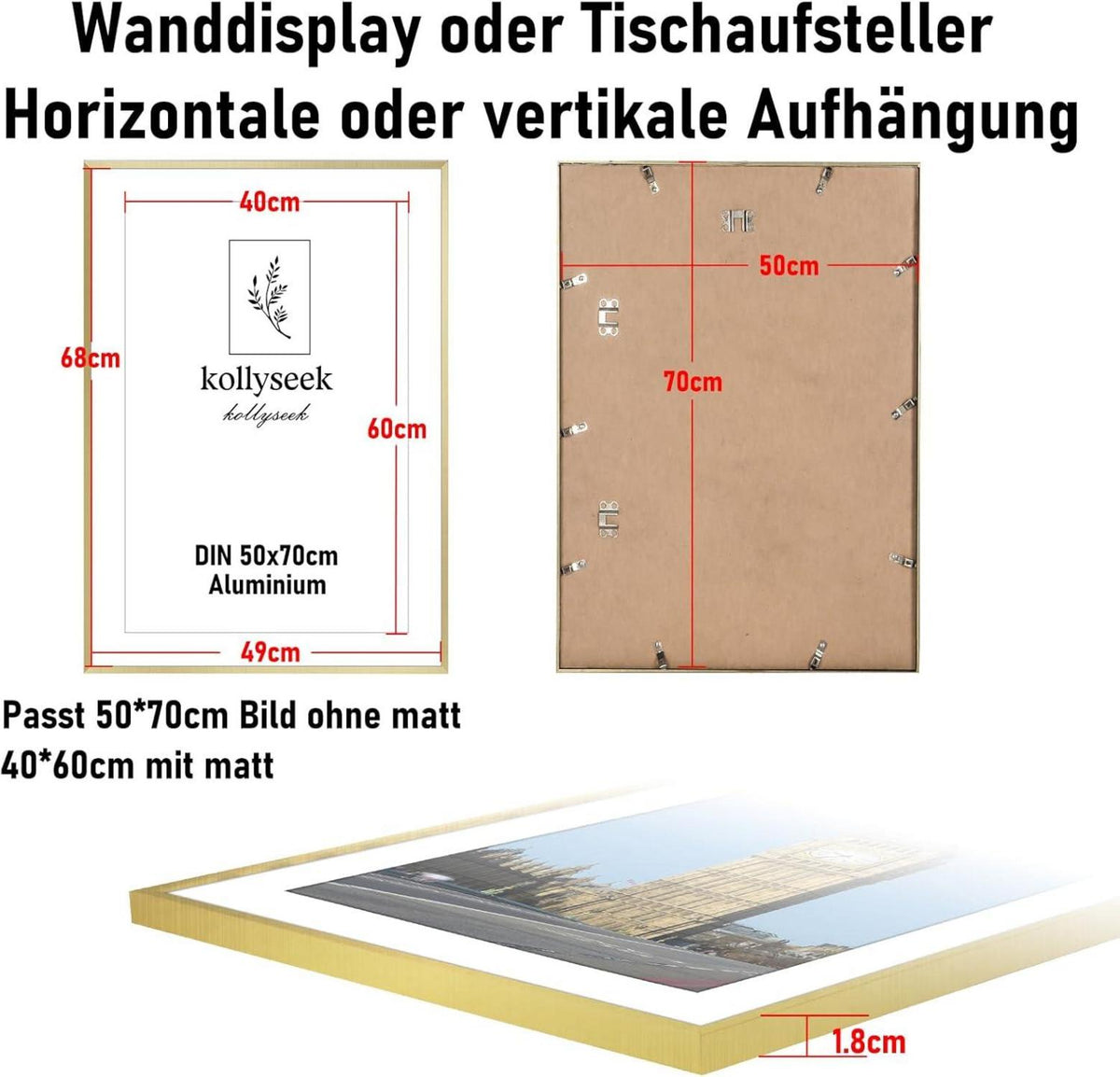 Gold Bilderrahmen Aluminium 50x70 cm mit Acrylglas Passepartout