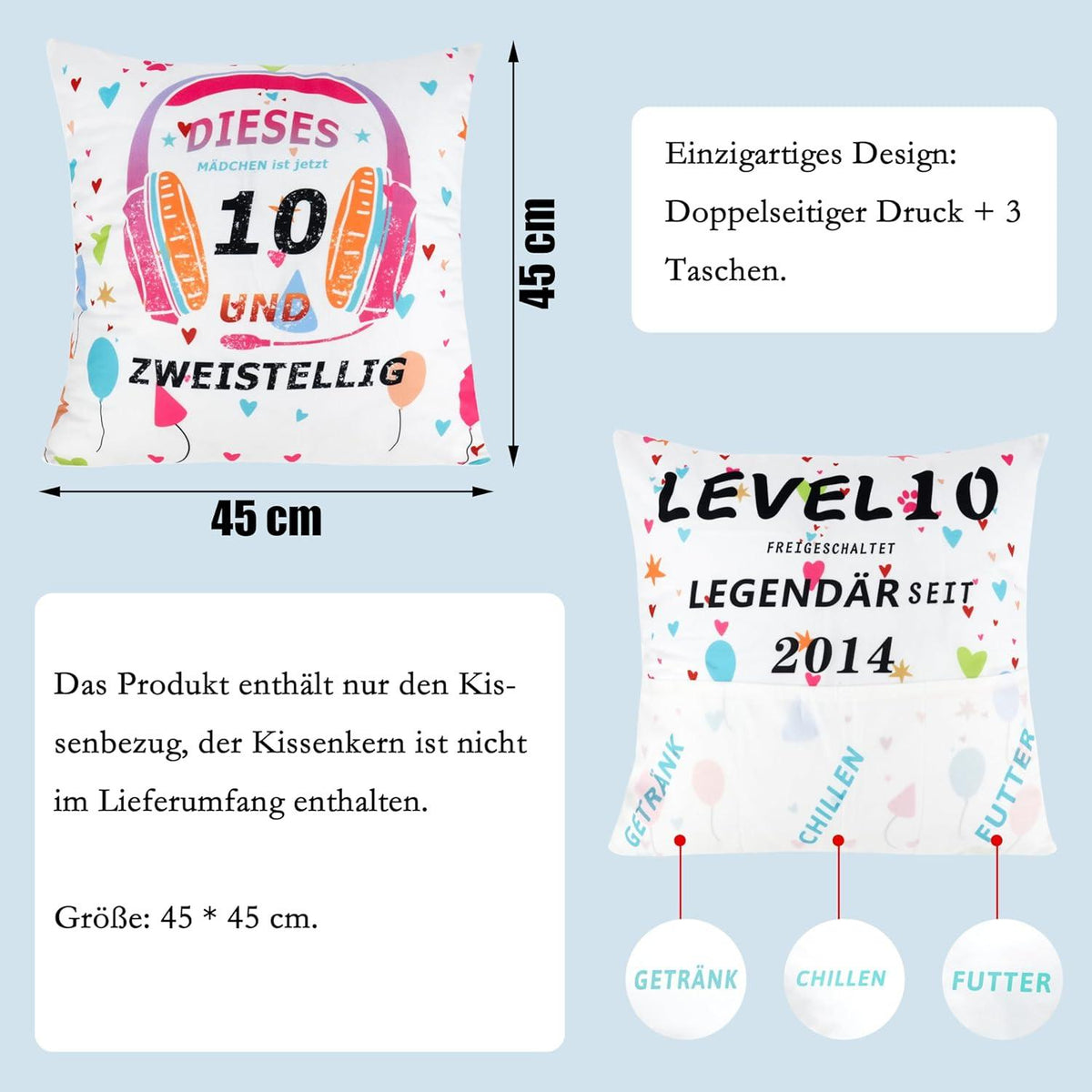 Kissenbezug Mädchen 10 Jahre Geburtstagsgeschenk mit Taschen