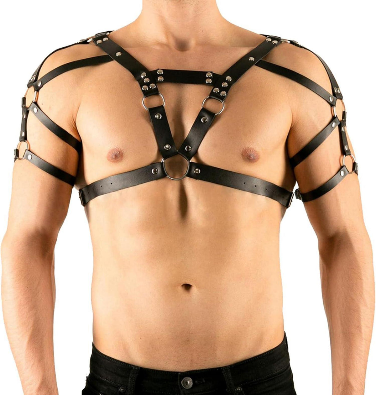 Herren Schwarzes Leder Body Bodysuit Harness Brustgeschirr Gothic BDSM