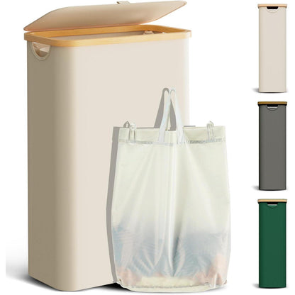 Schmaler Wäschekorb mit Deckel 48L Beige faltbar