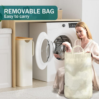 Schmaler Wäschekorb mit Deckel 48L Beige faltbar