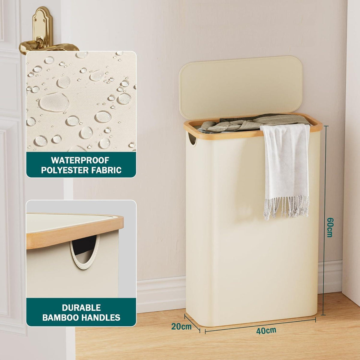 Schmaler Wäschekorb mit Deckel 48L Beige faltbar