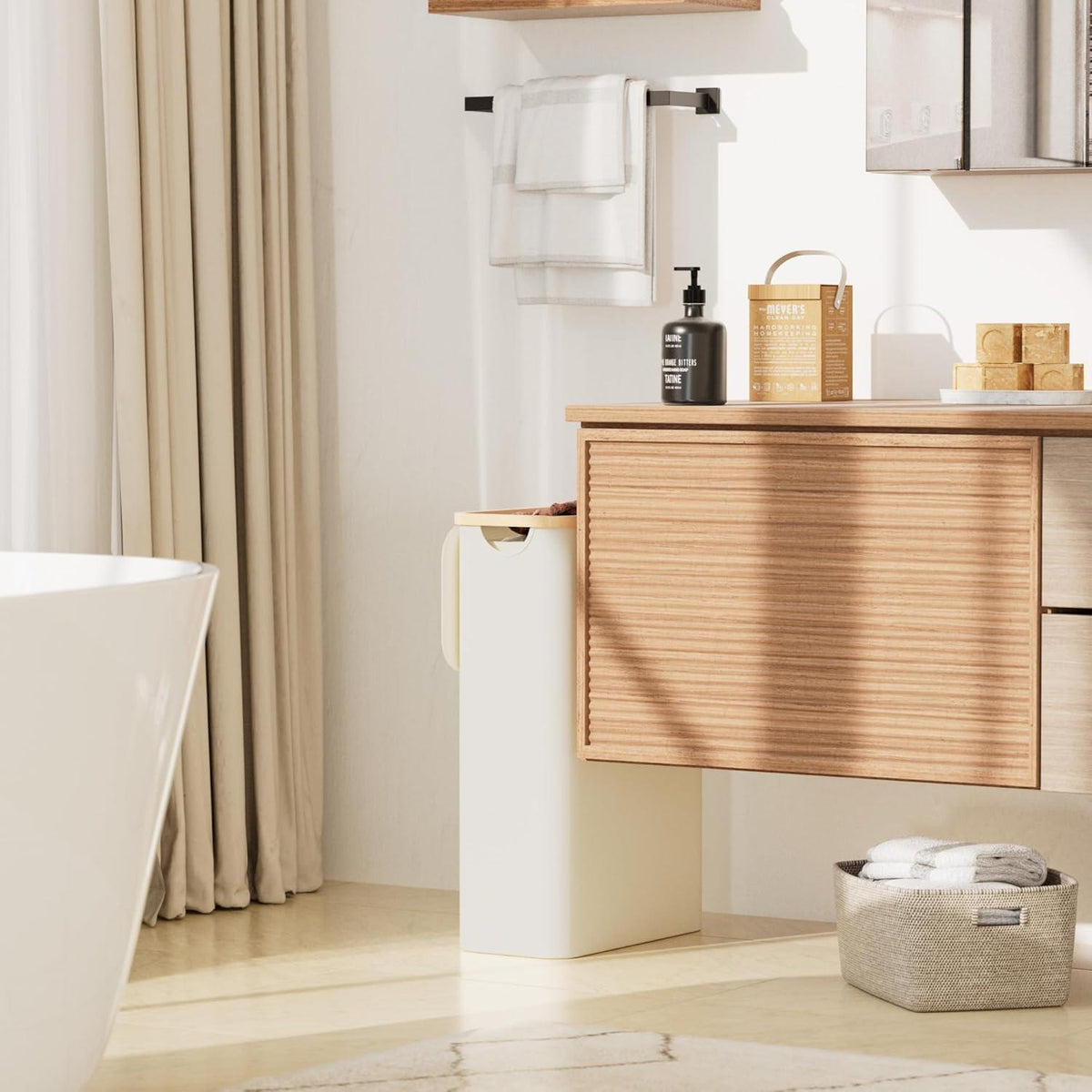 Schmaler Wäschekorb mit Deckel 48L Beige faltbar
