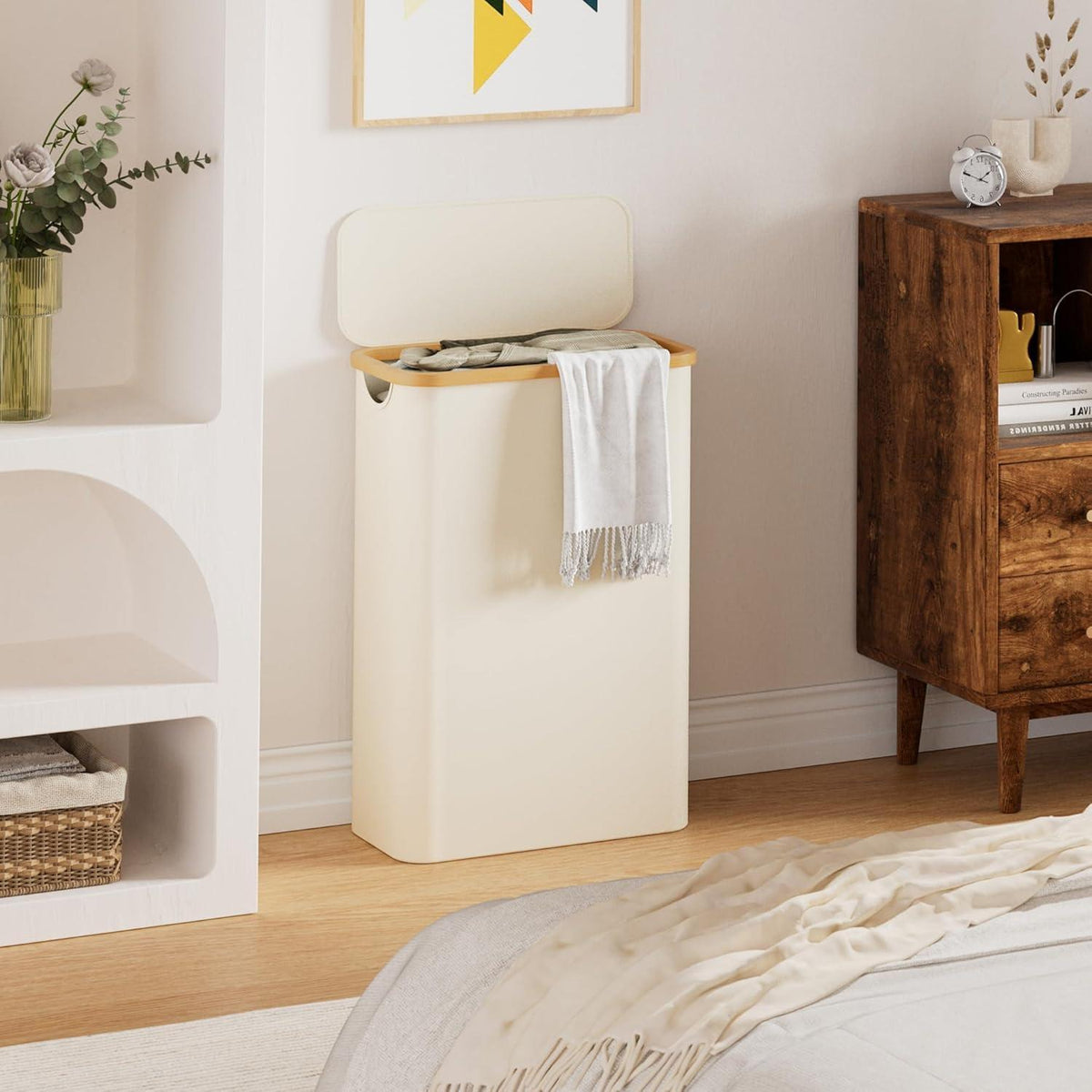 Schmaler Wäschekorb mit Deckel 48L Beige faltbar