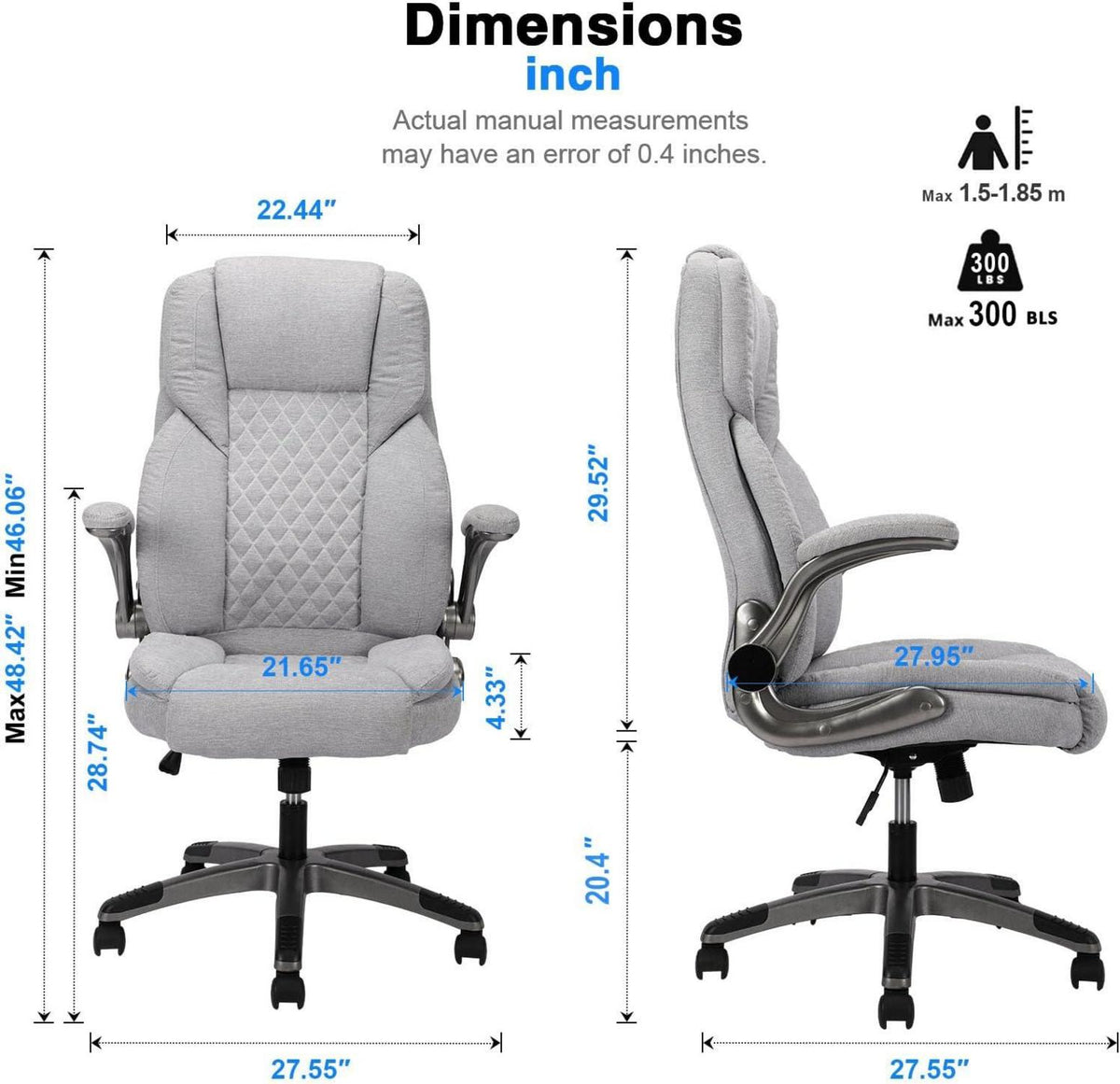 KCREAM Bürostuhl Grau 180kg ergonomisch mit Gepolsterten