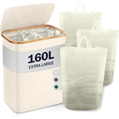 YOUDENOVA Wäschekorb 3 Fächer 160L mit Deckel & 3 Säcken, Beige