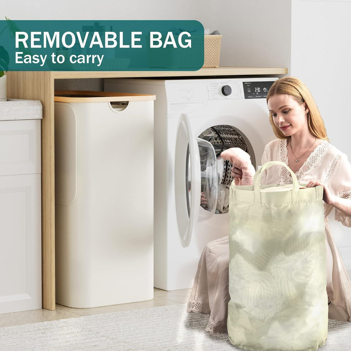 YOUDENOVA Wäschekorb 3 Fächer 160L mit Deckel & 3 Säcken, Beige