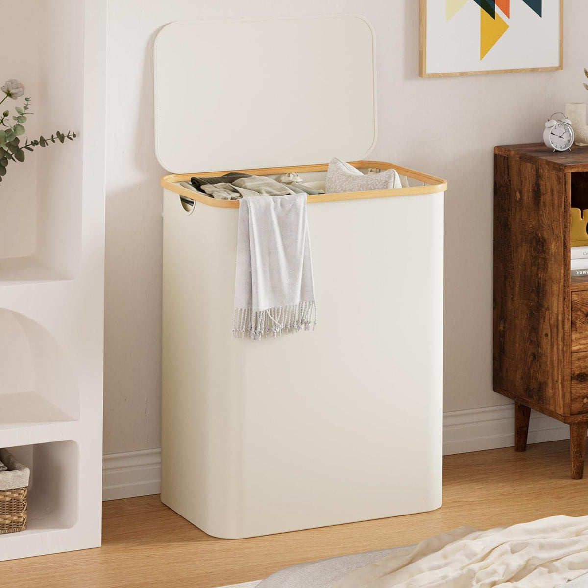YOUDENOVA Wäschekorb 3 Fächer 160L mit Deckel & 3 Säcken, Beige