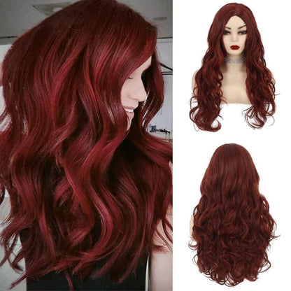 Rote Lockige Langhaar Perücke Damen Burgund Wellig Cosplay Halloween