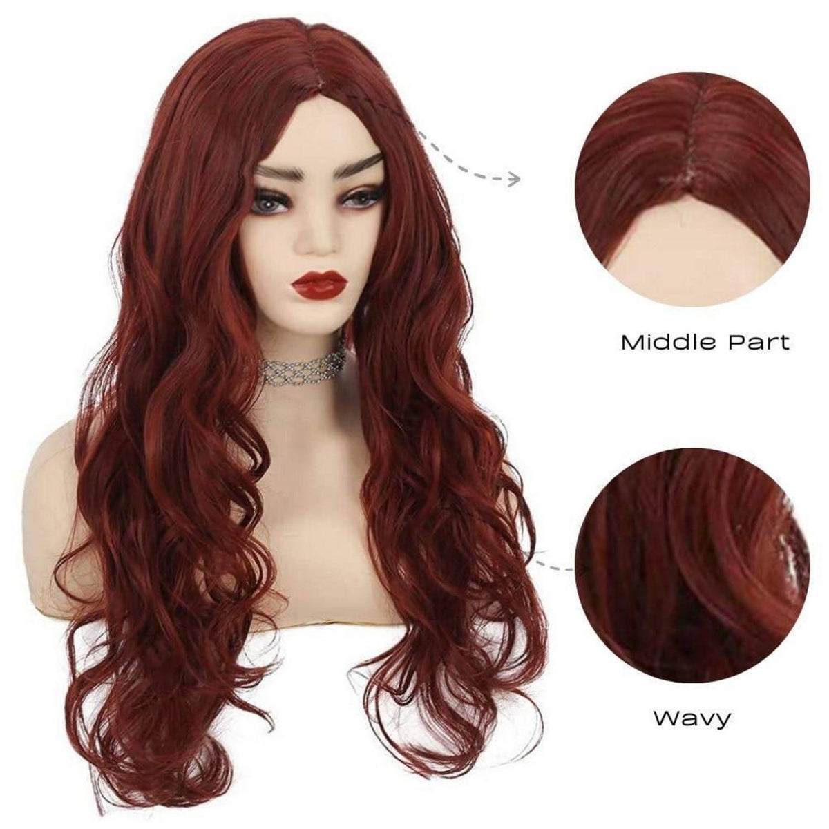 Rote Lockige Langhaar Perücke Damen Burgund Wellig Cosplay Halloween