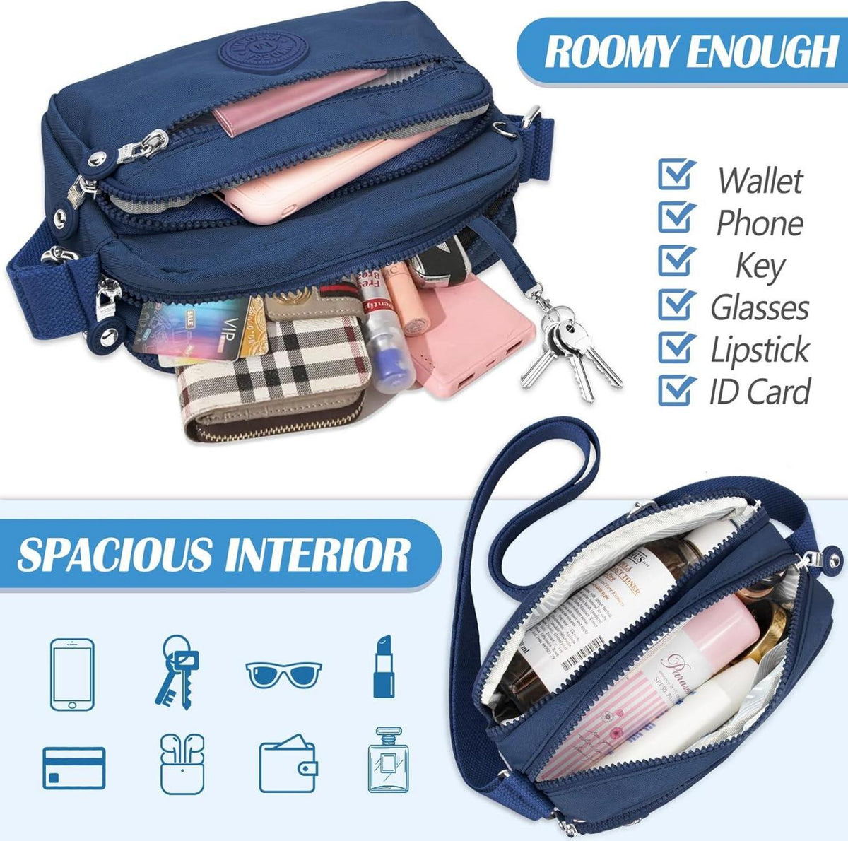 Wasserdichte Nylon Umhängetasche Damen Casual Crossbody Marineblau