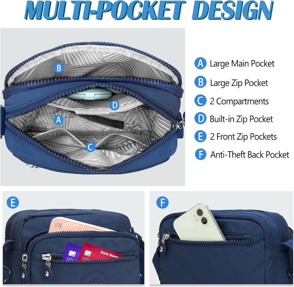 TEUEN Kleine Schultertasche Damen Wasserdichte Umhängetasche Nylon Marineblau