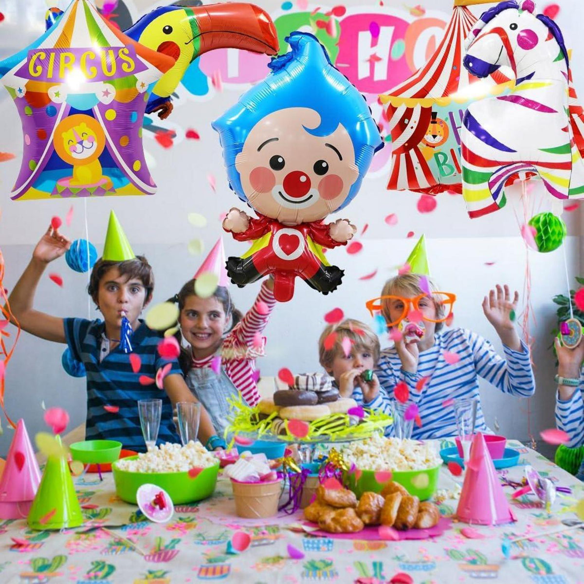 8 Stück Zirkus Tiere Folienballon Set Clown Zelt Löwe Zebra Papagei Luftballons
