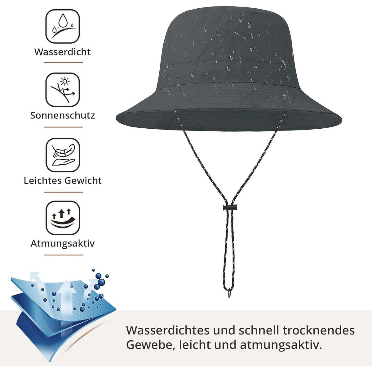 Wasserdichter Fischerhut Damen Herren – Grau, Faltbar & UV-Schutz