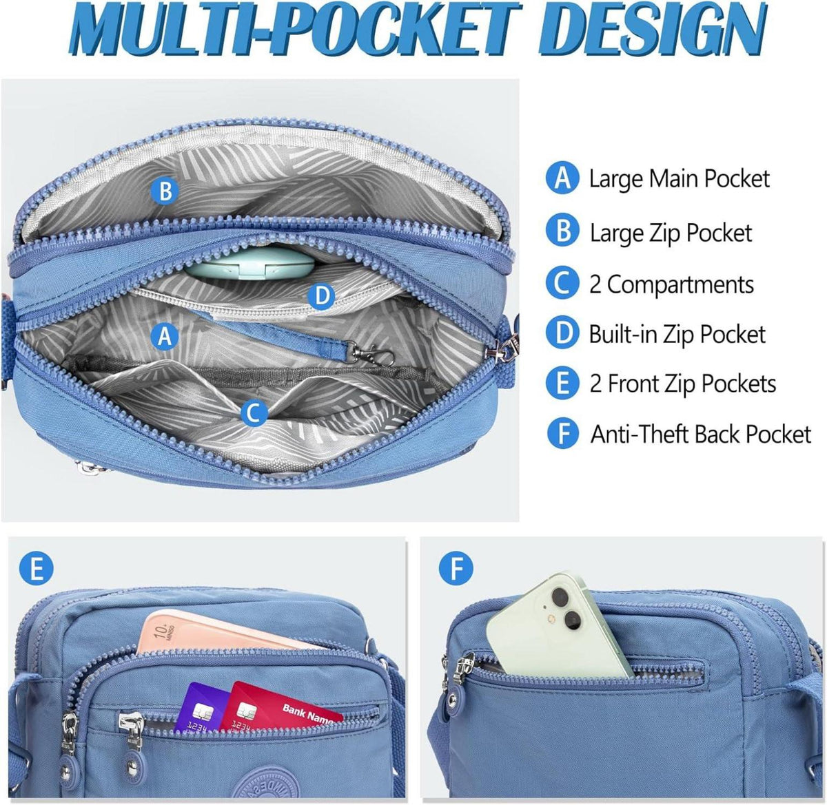 TEUEN Schultertasche Damen Blau Nylon Umhängetasche Leicht Handtasche