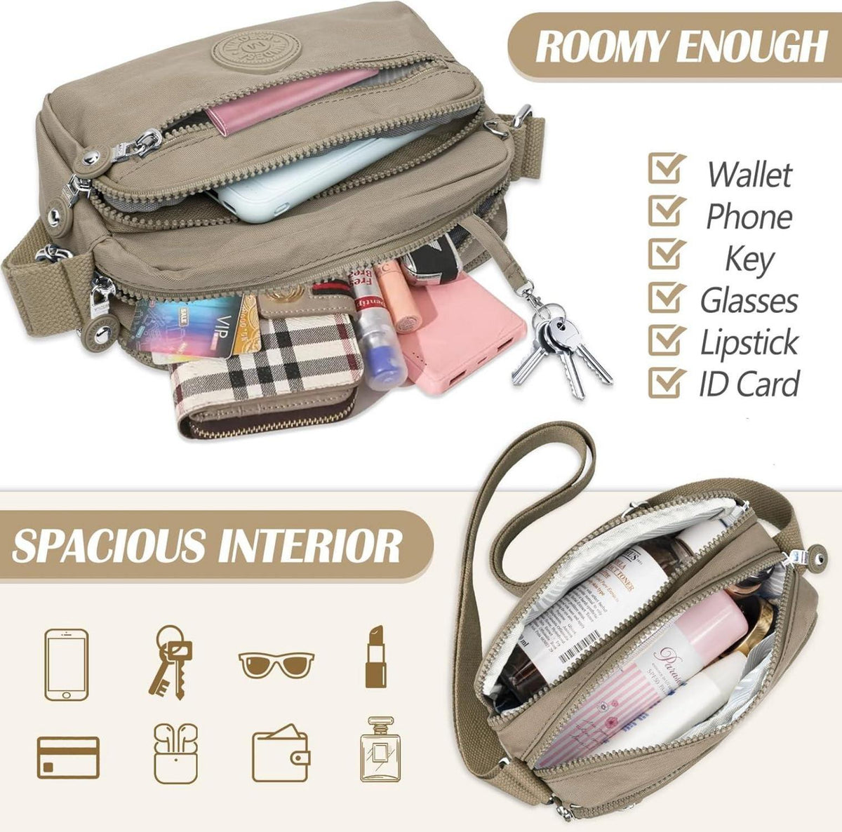 Schultertasche Damen Leichte Wasserdichte Umhängetasche Nylon Khaki