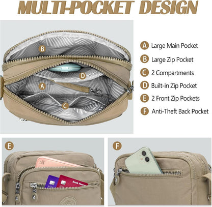 TEUEN Kleine Schultertasche Damen Wasserdichte Umhängetasche Nylon Messenger Multi Pocket Khaki