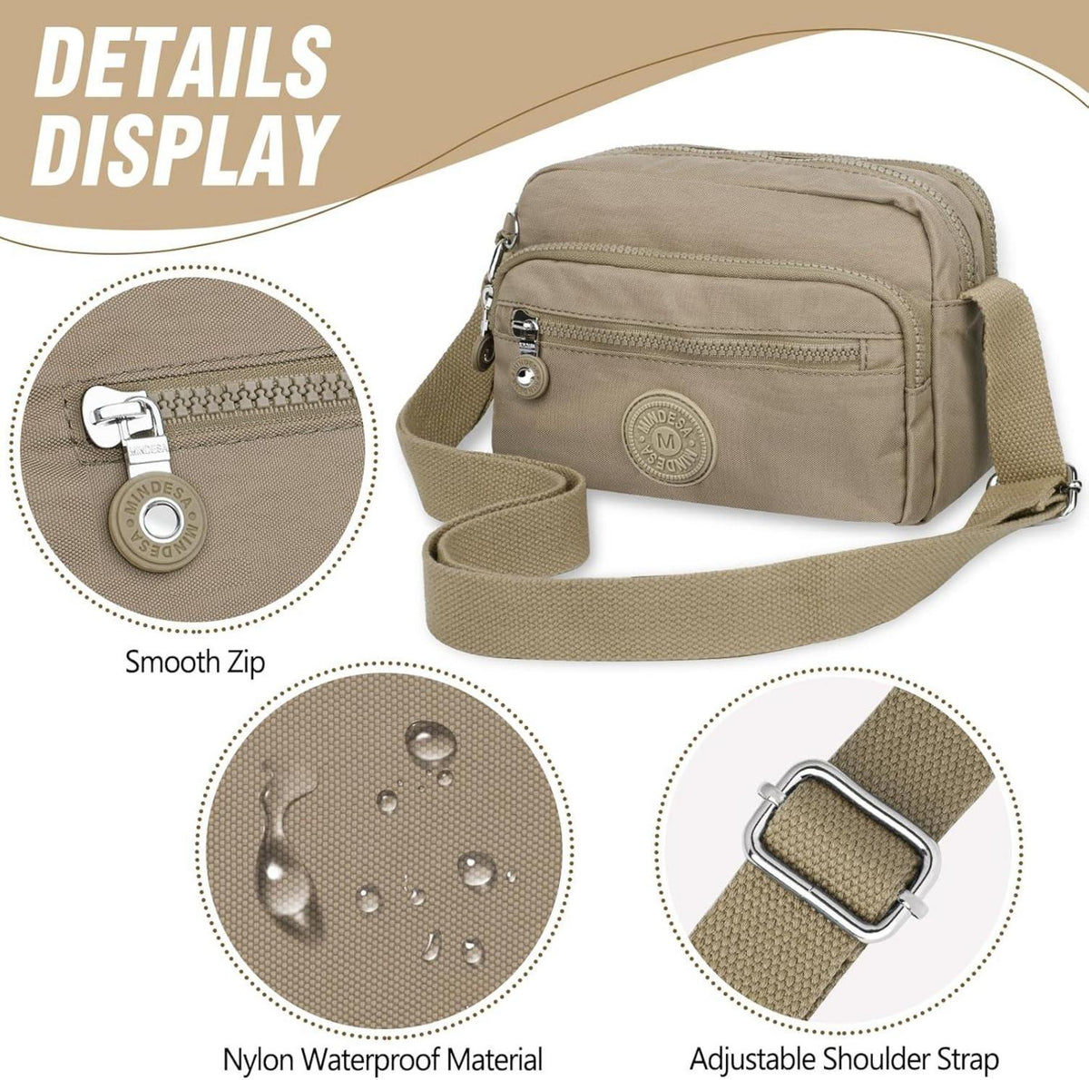 Schultertasche Damen Wasserdicht Nylon Umhängetasche Multi-Pocket Khaki