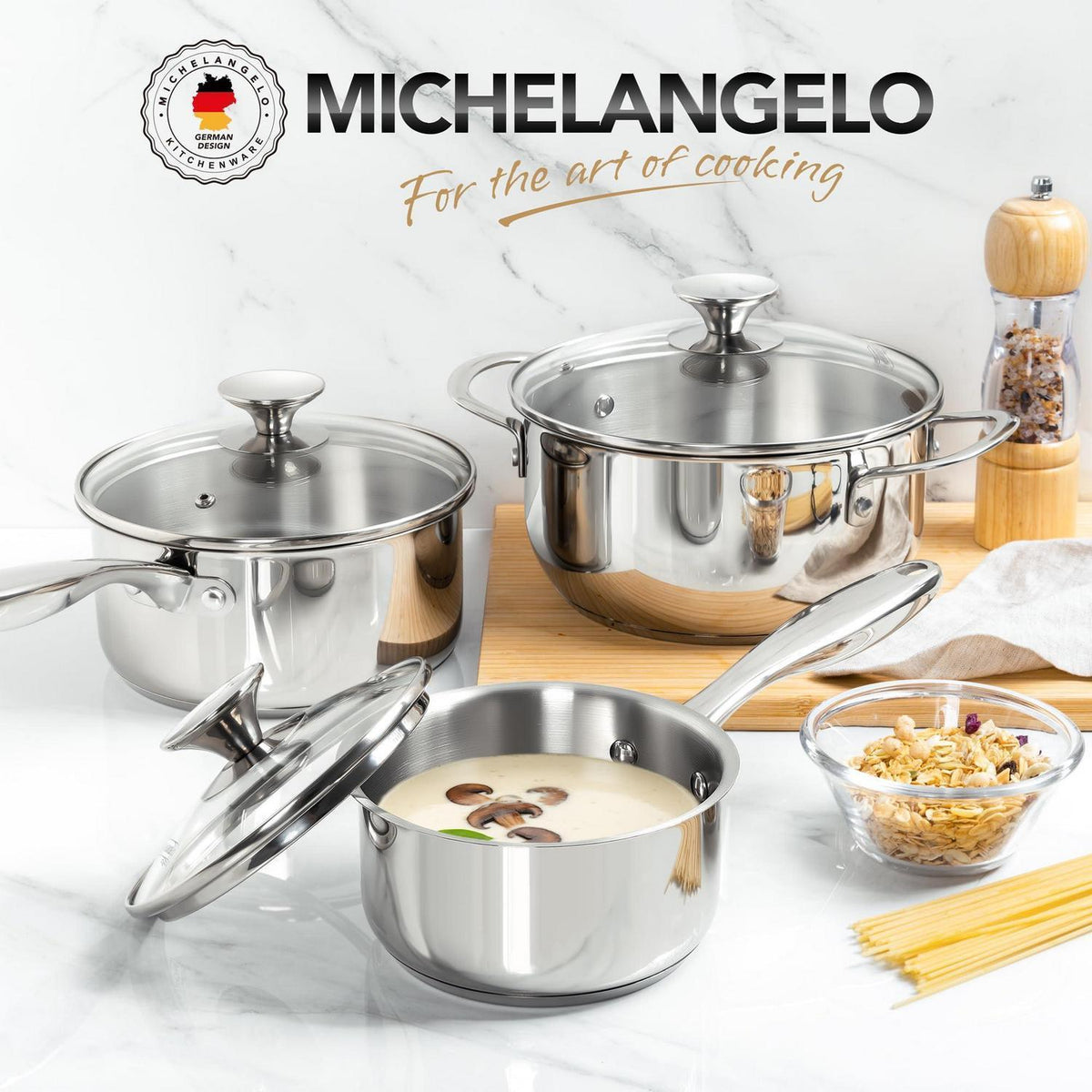 Edelstahl Kochtopf-Set 6-teilig mit Doppelgriffen
